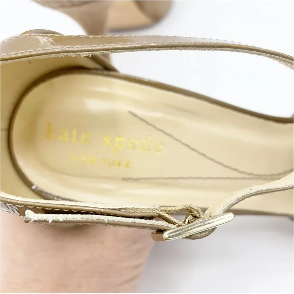 Kate Spade Taupe Suede Peep-to Platform Stiletto Sandals Chain w/Ribbon Sz 7.5‎